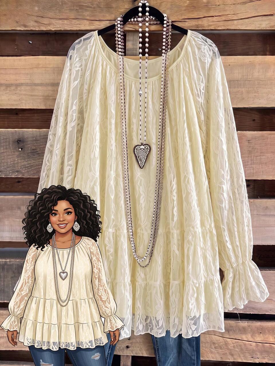 Plus Size Women's Solid Color Lace Top Birthday Office Wedding White Autumn Elegant Fall
