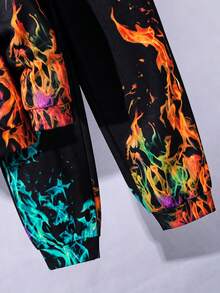 SHEIN 2件組兒童/青少年男孩黑色秋季街頭風連帽衛衣與冬季慢跑褲套裝，開學校園穿搭，舒適印花運動衫與慢跑褲 - 彩色 - 查看 4