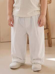 SHEIN 男嬰可愛休閒百搭白色彈性腰長褲 正式長褲 適合生日派對、晚會、表演、婚禮、滿月、洗禮、週歲慶祝、迎新派對 - 白色 - 查看 2