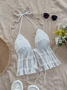 Soleia White Summer Textured Backless Tank Top For Women,Adjustable Straps Chiffon Lace Off The Shoulder Western Top No Chest Padding - White - View 4
