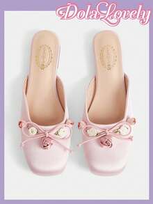 Dola Lovely Damen Rosa Satin Quadratische Zehen Schleife Blume Flache Schuhe, Sanft und Süß Vielseitig Temperament Slouchy Mules Schuhe, Modische Mules - Pink - Übersicht 1