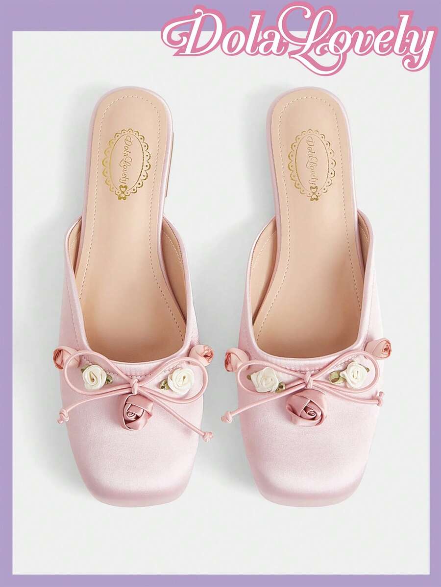 Dola Lovely Damen Rosa Satin Quadratische Zehen Schleife Blume Flache Schuhe, Sanft und Süß Vielseitig Temperament Slouchy Mules Schuhe, Modische Mules - Pink - Übersicht 1