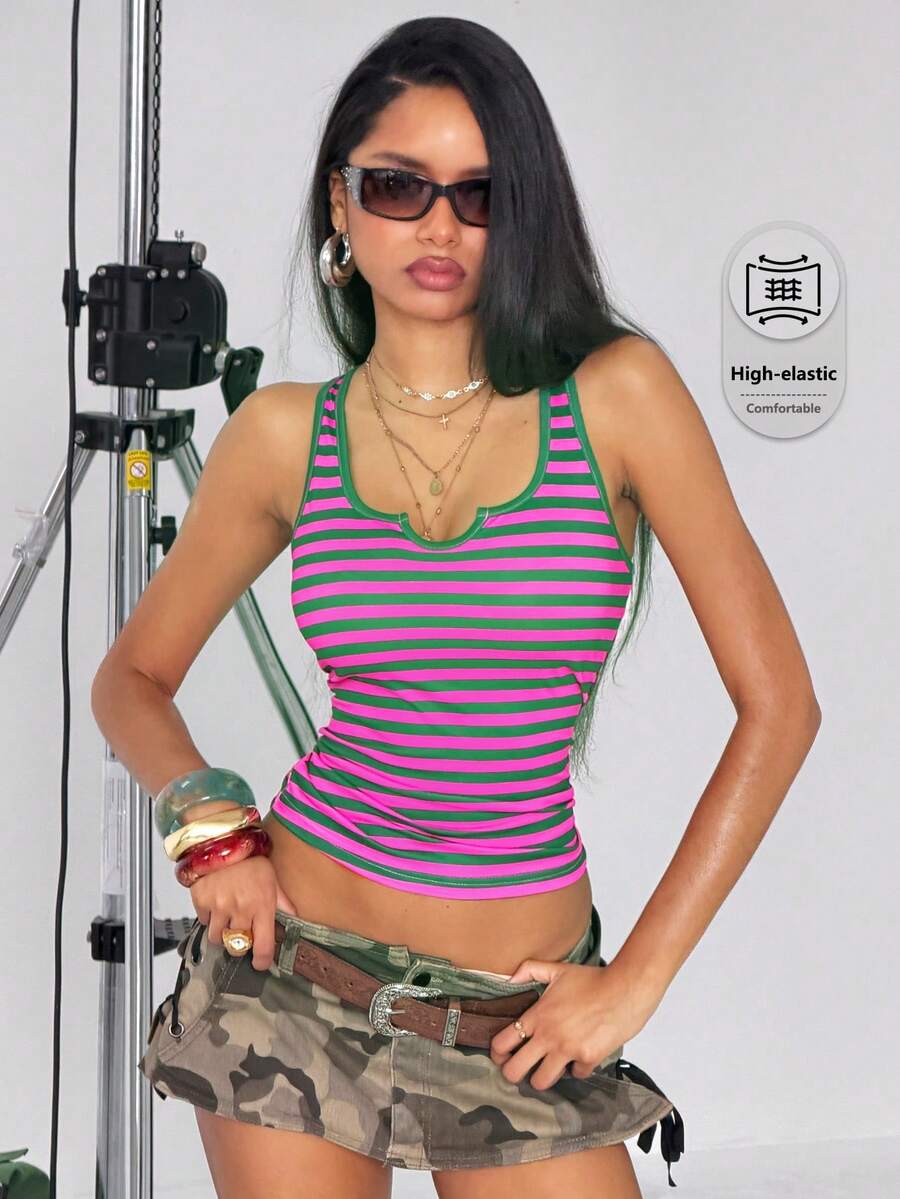 Vadaroq Women's Summer/Fall Streetwear Going Out Minimalist Striped Colorblock Stretchy Tank Top - Multicolor - View 1