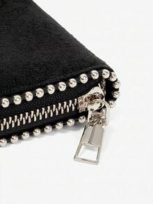 Viva Strut 1 Piece Women's Fashion Personalized Suede Short Wallet, Change Bag, With Ball Piping Design, Portable Wallet - Black - View 4
