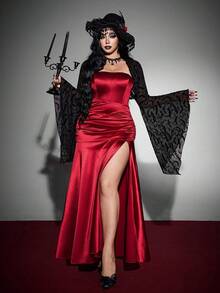 Whyspr Gaun Lilit Wanita Ukuran Plus + Jubah Lengan Lonceng Set Dua Potong Gaya Goth Halloween Musim Gugur - Burgundy - View 1