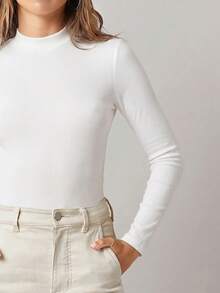 SHEIN BASICS Women's White Minimalist Modest Basic Casual Round Neck Long Sleeve T-Shirt For Daily Wear Everyday Daytime Fall Work School - White - View 8