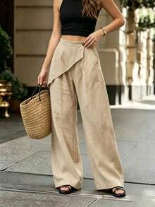 Breezaya Plus Size Asymmetrical Side Button Slant Panel High Waist Drape Textured Wide Leg Long Casual Pants For Women - Apricot - View 6
