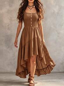 LanaWest Women's Solid Color Pleated Casual Daily Summer Dress - Chocolate Brown - View 5