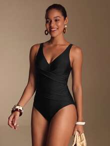 Swim Chiccia Traje de baño de una pieza de estilo simple de unicolor para mujer de playa de verano para vacaciones - Negro - Ver 9