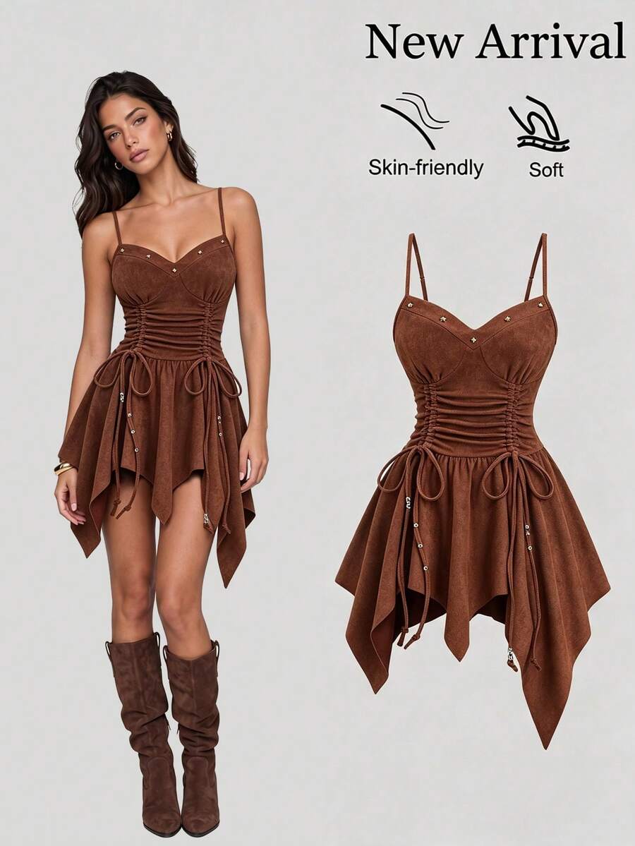 Sweetra Women's Spring Summer Autumn Spaghetti Strap Dress Ruched Waist Tie Detail Asymmetrical Hem Star Decor Slim Fit Shopping Night Out Going Out Dating - Rust Brown - View 1