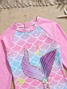 THE HAPPY LOOK Young Girls T-Shirt Co-Ords Baby One-Piece Swimsuit Long Sleeve Colorblock Raglan Sleeves Mermaid Print Ruffle Hem Ocean Print Pink Multicolor Cute Style Cute Print Vacation Style Suitable For Baby Spring Summer Outings Spring Trips Vacation Pool Beach Sand Baby Swimwear - Multicolor - View 7