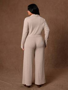 Rustia American Vintage Coffee Blue Ribbed Ribbed Knit Set, Loose Short Sleeve Cuffed Pants Casual Loungewear Fall - Khaki - View 2