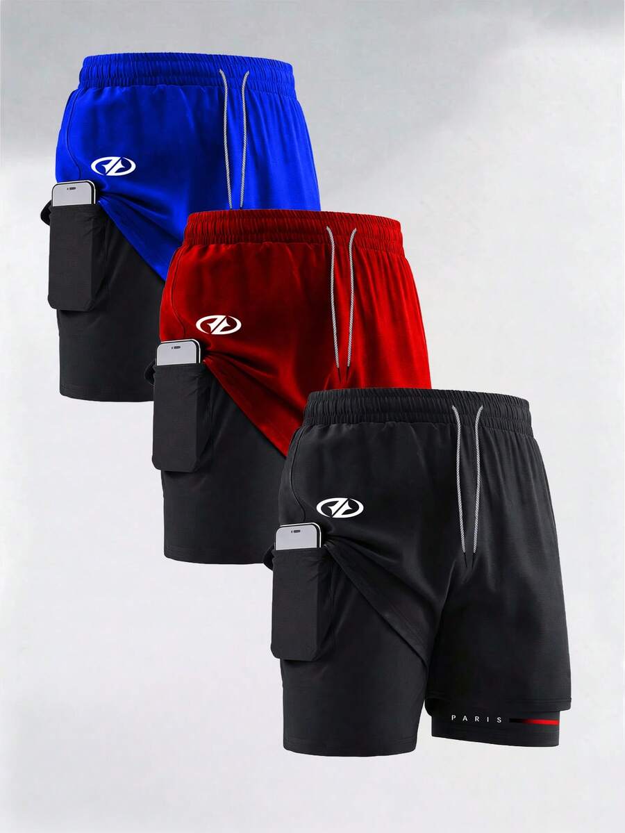 GymBeat Pantalones cortos deportivos de doble capa con cintura de cordón para hombre - Negro - Ver 1