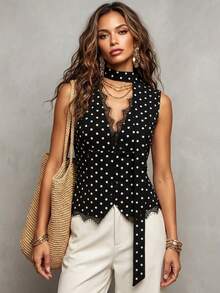 SHEIN Women's Summer Elegant Black And White Polka Dot Sleeveless Lace Patchwork V-Neck Blouse With Ribbon Design For Party Brunch Night Out And Date - Black - View 9
