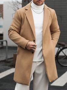 Manfinity CasualCool En's 素色口袋鈕扣前襟長袖大衣，秋季服飾，冬季儀式穿著 - 灰色 - 查看 1