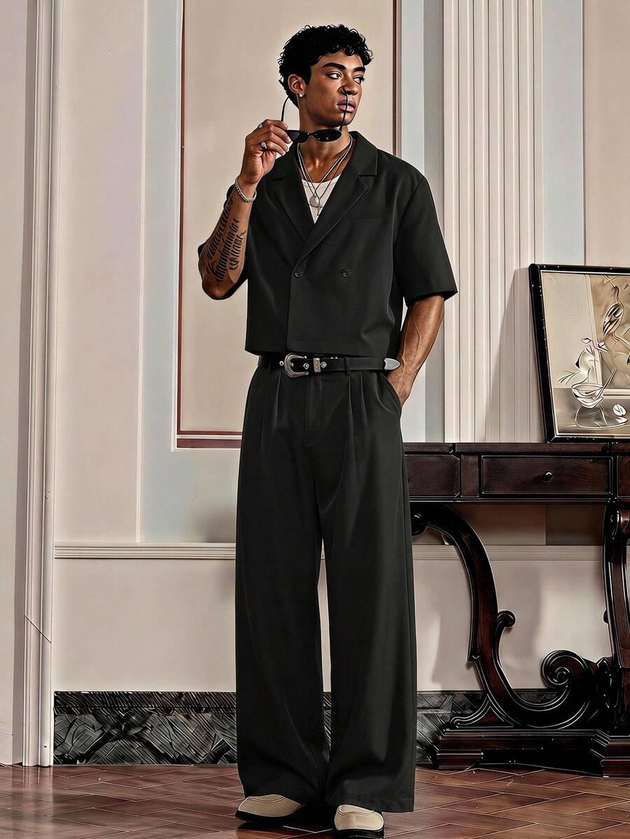 SWAVVY Men's Casual Versatile Shirt And Pants Set - Black - View 1