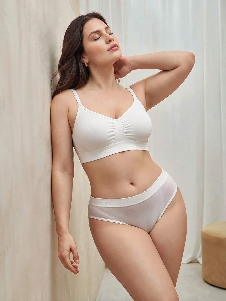 Bralution 2pcs White Padded High Elastic Comfortable Minimalist Plus Size Bra Set - White - View 1