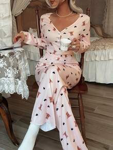 CottageSlumber Women's Cute Bear & Heart Print V-Neck Slim Fit Long Sleeve & Long Pants Pajama Set - Baby Pink - View 4
