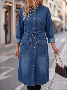 SHEIN Clasi Women's Single-Breasted Casual Daily Long Sleeve Denim Jacket Fall/Winter - Blue - View 8