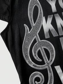 ROMWE Grunge Punk Women's T-Shirt With Rhinestone Slogan, Silver Foil Musical Note, Sexy Street Punk Rock Style - Black - View 3