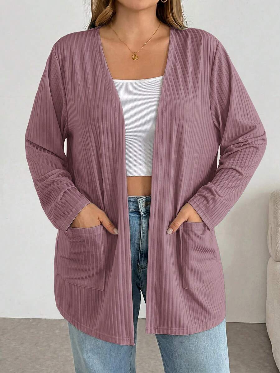 SHEIN Essnce Plus Size Autumn Casual Solid Color Double Pocket Jacket - Dusty Purple - View 1
