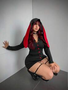 SHEIN CURVE+ Jumpsuit Halloween Ukuran Besar dengan Motif Telinga Kelinci Gelap dan Blok Warna untuk Musim Gugur - Hitam - View 3