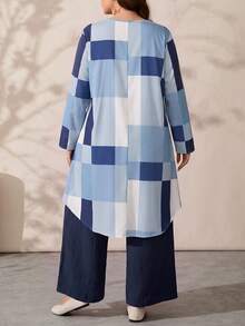 EMERY ROSE Plus Size Women's Colorblock Long Sleeve Top And Pants Casual Daily 2 Pieces Set Fall - Blue and White - View 2
