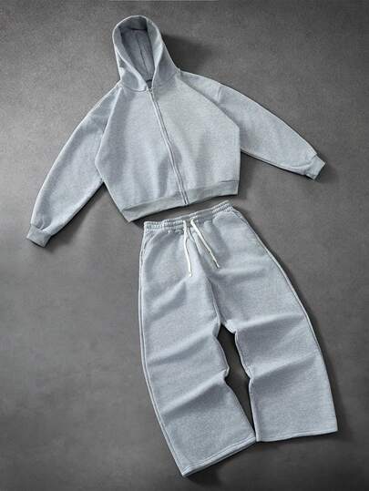 PAVTROS Men's Young Streetwear Casual Baggy Zip-Up Hoodie And Sweatpants Set Gym Light Grey Autumn