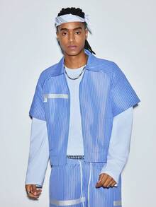 Modcrash Mens Summer Striped Outfit Set, Lightweight Short Sleeve Shirt And Elastic Waist Cargo Shorts - Blue - View 7