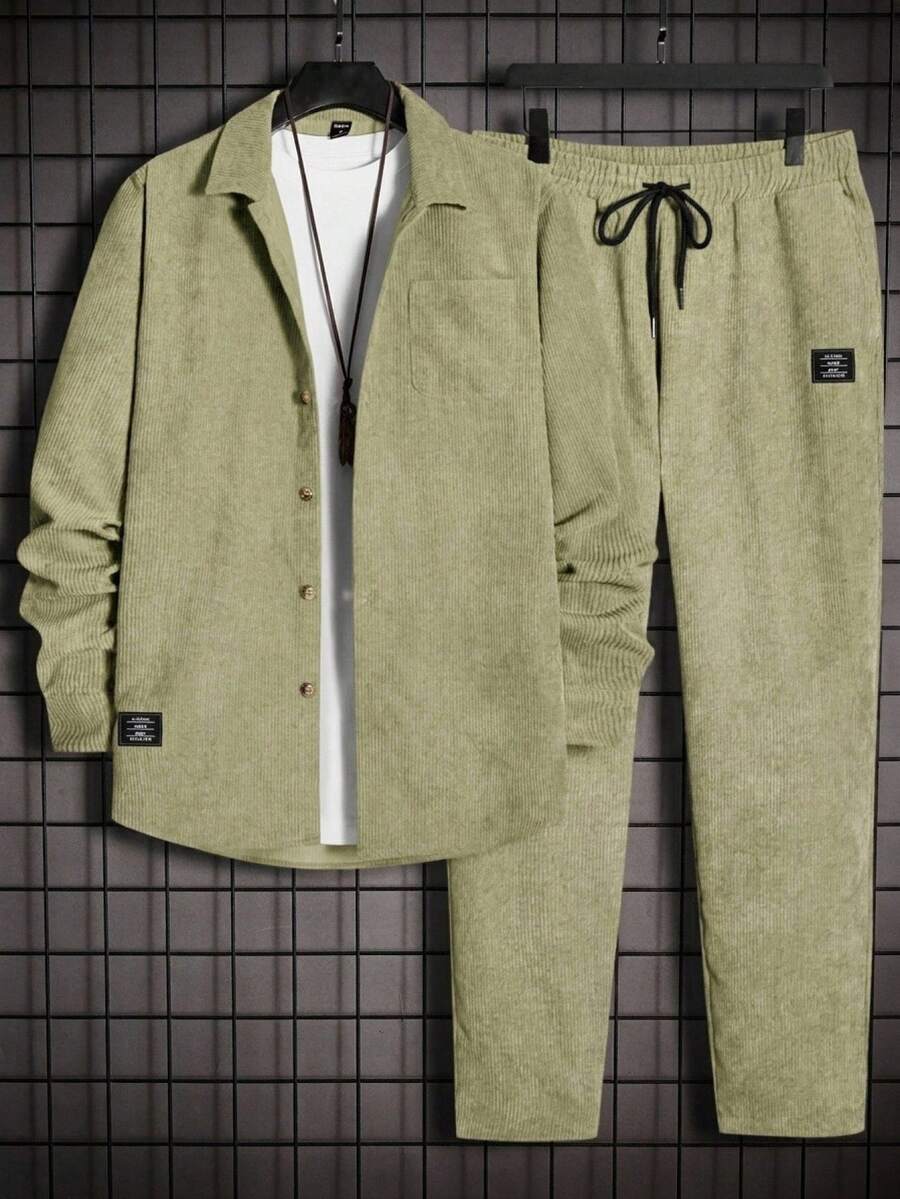 HIMLAND Loose Men's Letter Patch Weave Casual Long Sleeve Shirt And Pants 2 Pieces Set - Green - View 1
