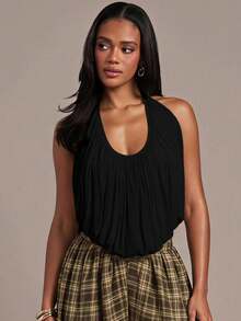 Hauture Women's Sexy Casual Cowl Neck Ruched Chiffon Backless Top - Black - View 3