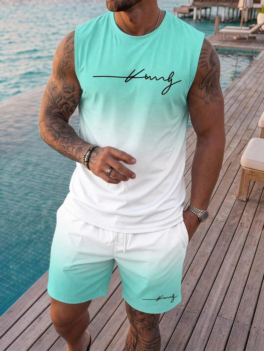 VIVINTIMO Men's Plus Size Gradient Tank Top And Shorts Set, Suitable For Outdoor Vacation, Casual Daily Wear - Multicolor - View 1