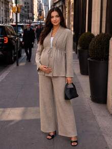 SHEIN 孕婦純色百褶長袖上衣與可調腰長褲休閒日常兩件套 秋季 - 棕色 - 查看 3