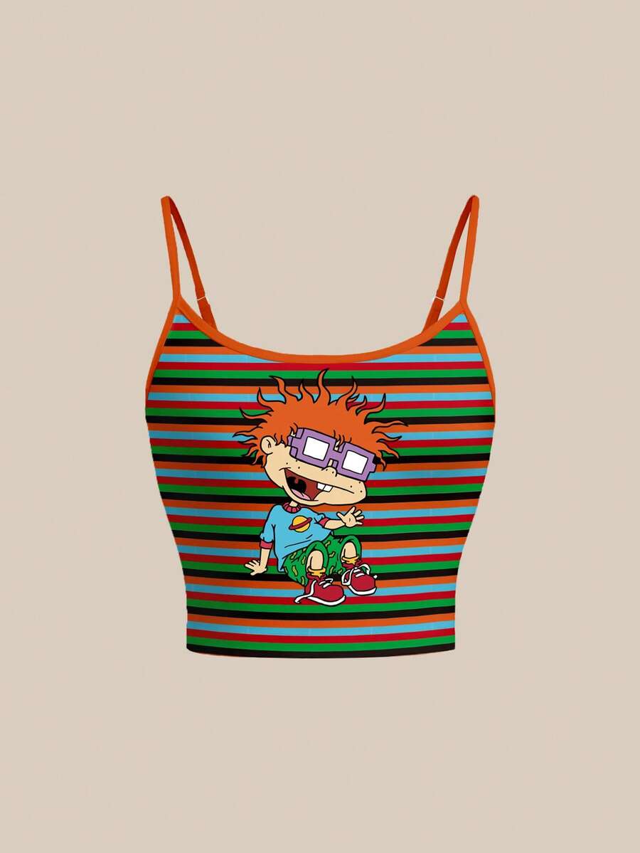 Nick 90s | SHEIN 女款條紋拼接卡通印花休閒日常細肩帶背心 - 白色 - 查看 1