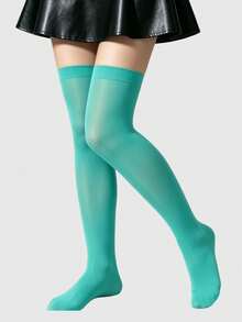 ROMWE Anime 1 Pasang Kaos Kaki Setinggi Lutut Berbahan Beludru Biru Kehijauan Gaya Goth Gelap untuk Halloween - pirus - View 4