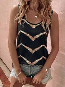 EMERY ROSE Women's Spring/Summer New Arrival Dot Asymmetrical Stripe Print Pattern U-Neck Casual Sexy Versatile Tank Top Vacation Black And Gold - Multicolor - View 7