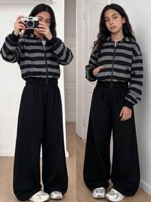 SHEIN 青少年女孩2件套，拉鍊連帽衫寬腿黑色長褲，復古，寬鬆，針織，休閒，秋季，拉鍊條紋連帽衫，外套，夾克，波點 - 彩色 - 查看 5