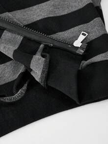 SHEIN 青少年女孩2件套，拉鍊連帽衫寬腿黑色長褲，復古，寬鬆，針織，休閒，秋季，拉鍊條紋連帽衫，外套，夾克，波點 - 彩色 - 查看 8