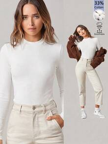 SHEIN BASICS Women's White Minimalist Modest Basic Casual Round Neck Long Sleeve T-Shirt For Daily Wear Everyday Daytime Fall Work School - White - View 2