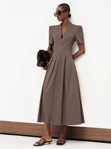 Aveloria Modichic European American Style Spring/Summer Fashion Solid Color V-Neck Cinched Waist Pleated Full Skirt High Long Dress Slim A-Line Macaron Grey Elegant - Coffee - View 6