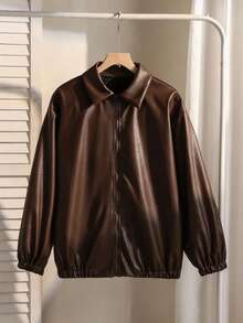 SHEIN Tween Girls Streetwear Solid Color PU Leather Loose Fit Jacket, Back To School Fall - Brown - View 7