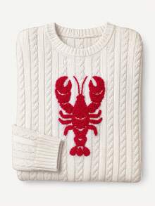 Elamini Women's Autumn/Winter Casual Elegant Coastal Chic Versatile Lobster Embroidered Pattern Rope Knit Sweater Vacation Beach White Red - Beige - View 1