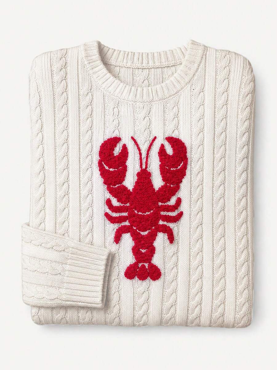 Elamini Women's Autumn/Winter Casual Elegant Coastal Chic Versatile Lobster Embroidered Pattern Rope Knit Sweater Vacation Beach White Red - Beige - View 1