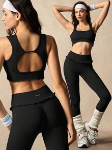 VARSIVA Women's Solid Color Backless Tank Top And Leggings Sports Set - Black - View 7