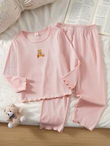 Girls Toddler Bear Print Pink Ribbed Long Sleeve Pants Pajama Set Pull Loungewear Autumn/Winter Festival Outfits - Baby Pink - View 4