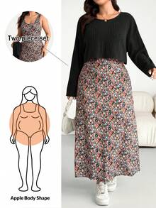 SHEIN Essnce Plus Size Women Solid Color Crew Neck Long Sleeve T-Shirt And Ditsy Floral Dress Casual 2-Piece Set - Multicolor - View 8