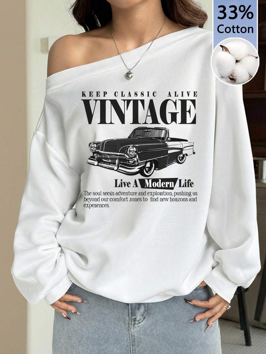 SHEIN EZwear 33% Cotton Blend Casual Autumn/Winter White Loose Asymmetrical Shoulder Women's Sweatshirt, Retro Print Pattern, Versatile - Multicolor - View 1