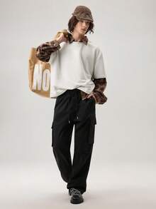 Men's Casual Solid Color Multi-Pocket Drawstring Waist Cargo Pants, For Fall Wide Leg - Black - View 3