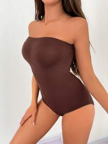 SHEIN Women Fashionable Solid Color Seamless Bodysuit Shapewear - Coffee Brown - View 4