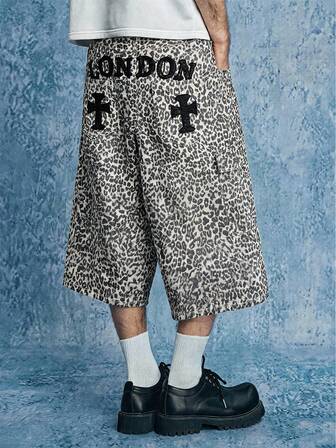 Goth Men's Washed Leopard Print Loose Casual Versatile Denim Bermuda Shorts